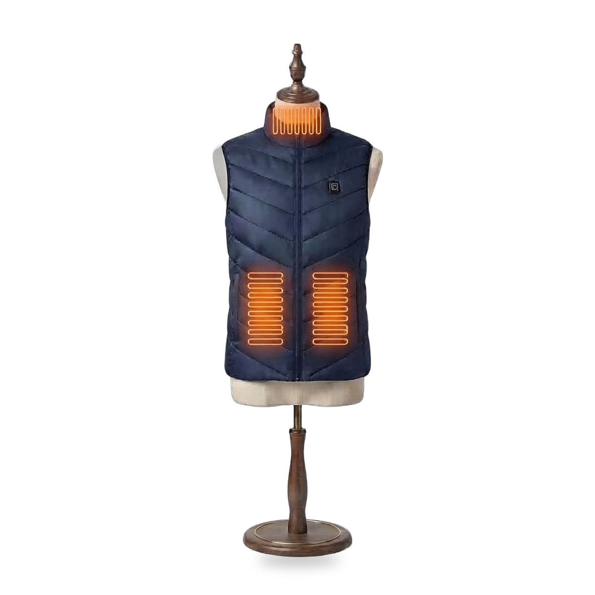 Warm Up Heated Vest in Dusk navy, front view with heating on: glowing collar and two lower-front heating zones