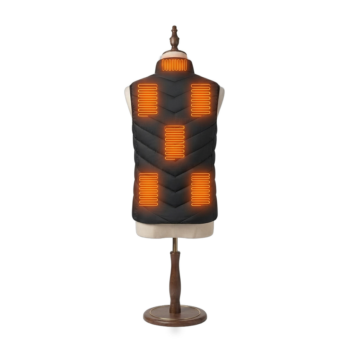 Warm Up Heated Vest in Midnight, back view with heating on: collar, two upper-back, mid-back and two lower-back zones glowing