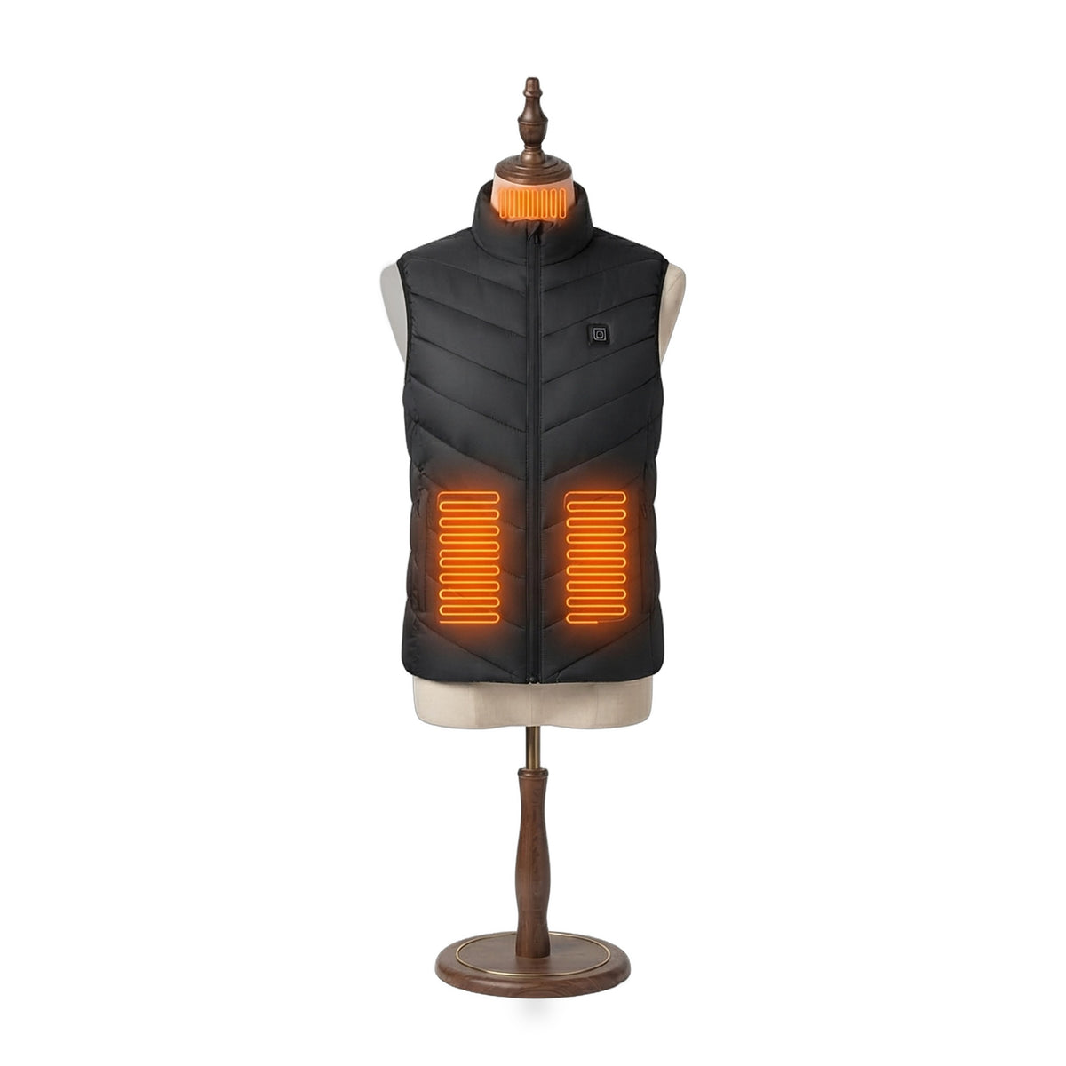 Warm Up Heated Vest in Midnight, front view with heating on: glowing collar and two lower-front heating zones