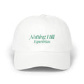 White Grand Prix baseball cap with NHE embroidered logo, classic equestrian barn hat for riders